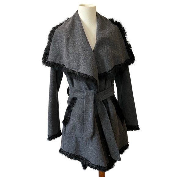 PAINC’S WOOL CASHMERE BELTED COAT SHAWL COLLAR BEADED TRIM ITALIAN LUXURY 46-10 - Picture 2 of 13
